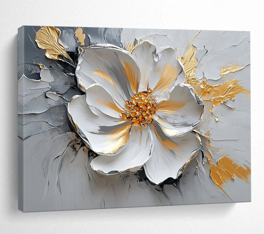 “Textured Floral Elegance” - Gray, White, Gold, 3D - like Abstract Flower Painting On Canvas HB1083