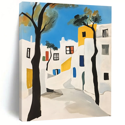 Contemporary hand-painted abstract art featuring Mykonos white buildings with black outlines minimalistic shapes and vibrant blue trees against a crisp white background. DLZ1383
