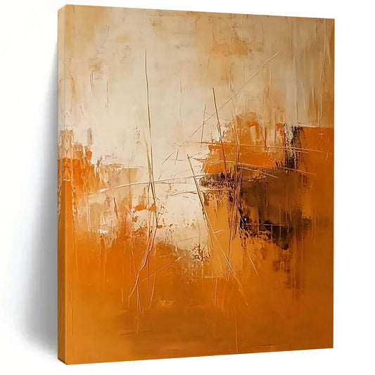 Contemporary hand-painted abstract artwork featuring warm orange and brown tones with textured brushstrokes and dynamic shapes adding depth in beige and white. DLZ1069