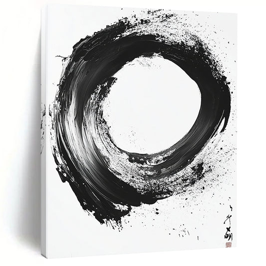 Black and White Textured Circle "Rough Zen" Painting On Canvas HB274
