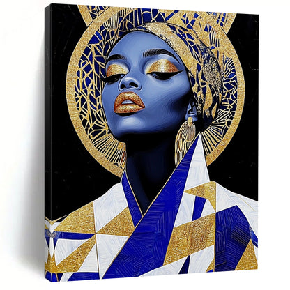 Contemporary abstract art featuring an African queen in gold leaf jewelry and geometric patterns, set against bold black shapes for added depth. DLZ1086