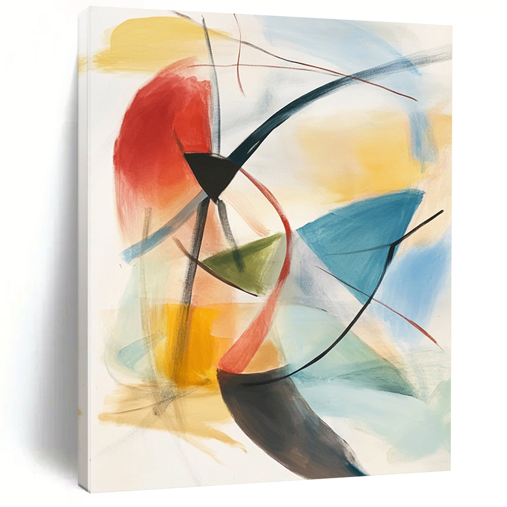 Contemporary hand-painted abstract artwork features soft pastels and geometric shapes with dynamic brushwork and layered depth for a striking visual experience. DLZ1393