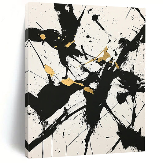 White, Black, Gold, Splattered Shapes "Golden Chaos" Abstract Expressionist Painting On Canvas HB077