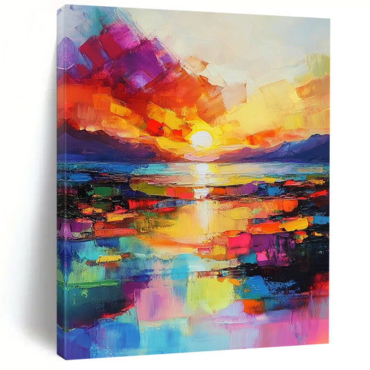Contemporary abstract painting featuring a vibrant sunset over the sea in a striking oil technique, perfect for enhancing modern spaces. DLZ1701