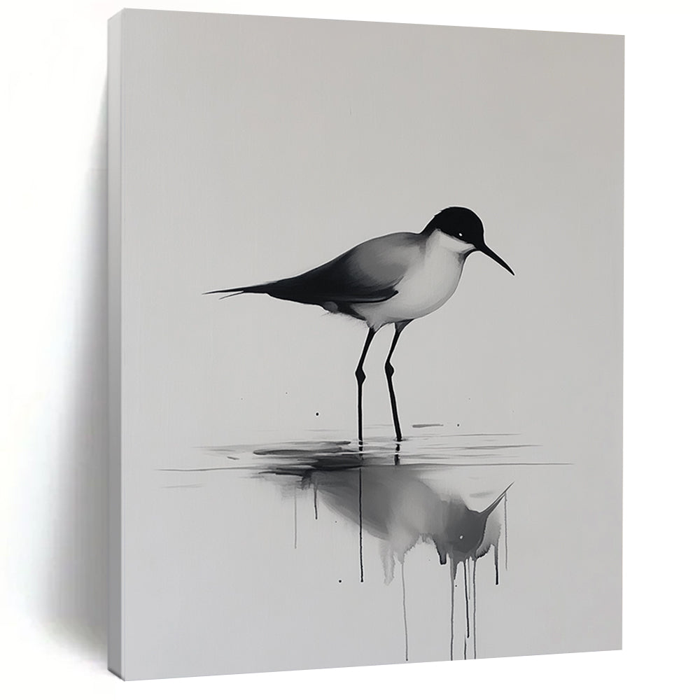 Contemporary hand-painted abstract art features a minimalist bird walking on water with reflections and ripples on a neutral background. DLZ1144