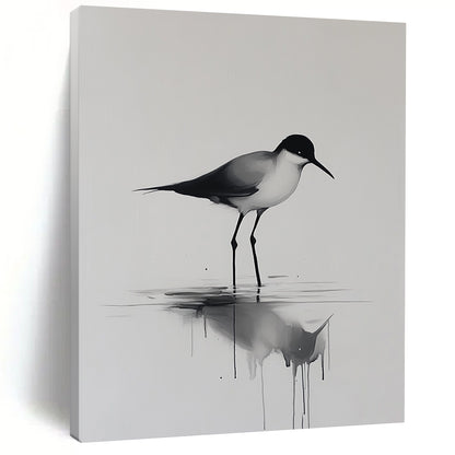 Contemporary hand-painted abstract art features a minimalist bird walking on water with reflections and ripples on a neutral background. DLZ1144