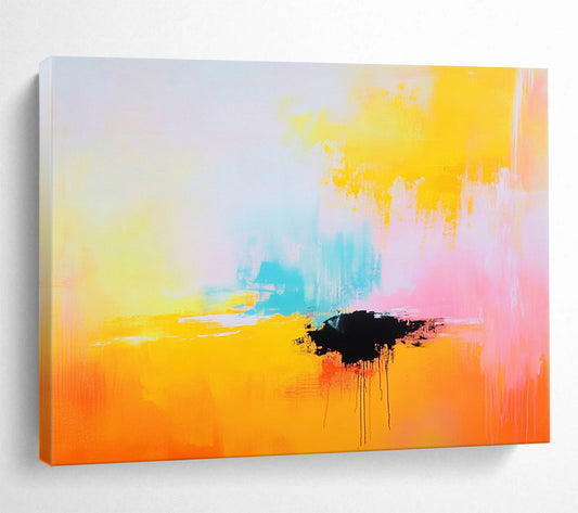 “Bright Abstract with Black Accent” - Yellow, pink, blue, black; Bright abstract with a bold black shape; Acrylic Painting On Canvas HB1277