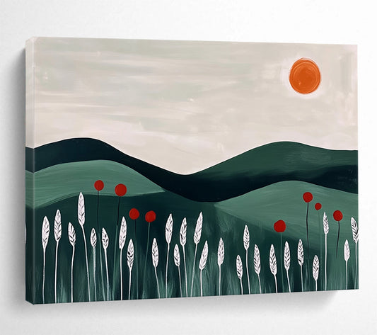 “Minimalist Green Hills” - Blocky green hills, white plants, and an orange sun, Minimalist Landscape Painting On Canvas HB0547