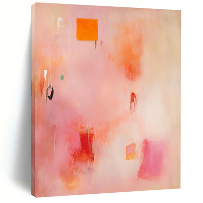 Contemporary hand-painted abstract artwork featuring soft pinks and oranges with organic brush strokes and vibrant yellow and red shapes. DLZ0926