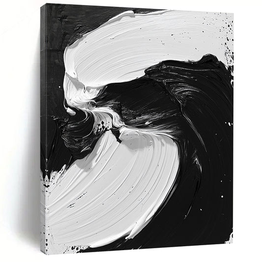 Contemporary hand-painted abstract artwork features flowing black and white oil paint, evoking powerful sea waves and mythical creatures. DLZ1549
