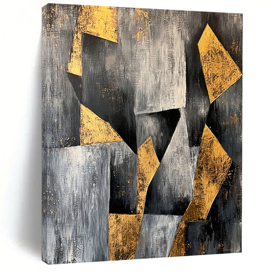 Gray, Black, White, Gold, Angular Shapes "Golden Structure" Abstract Modernist Painting On Canvas HB080