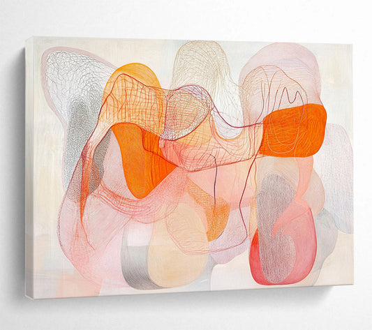 “Colorful Mesh Abstract” - Orange, Pink, Gray with Interwoven Lines - Painting On Canvas HB1367