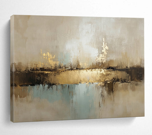 “Neutral Tones Abstract Landscape” - Beige, Gold, Blue, Textured Horizons, Abstract Landscape Painting On Canvas HB0898