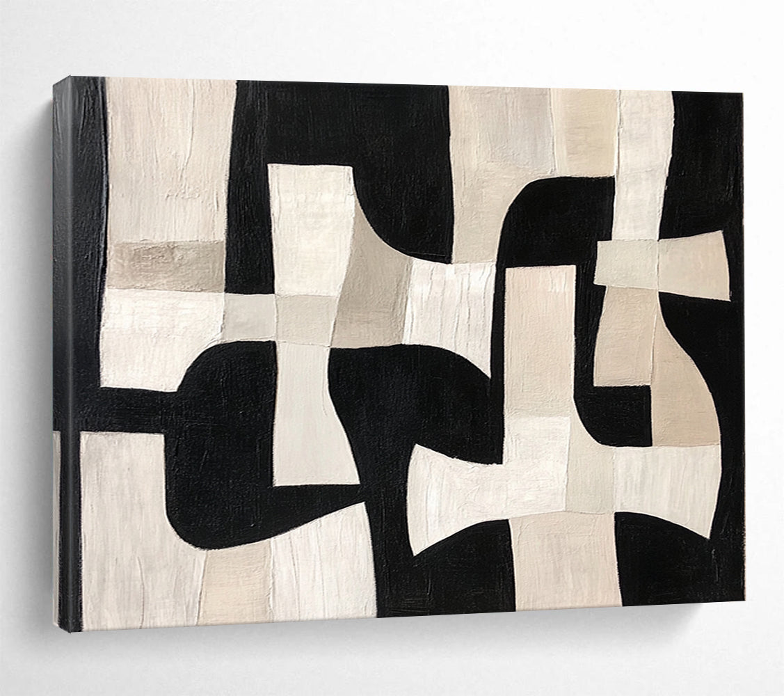 “Monochrome Geometric Interplay” - Black, White, Beige - Abstract Geometric Puzzle - Acrylic Painting HB1312