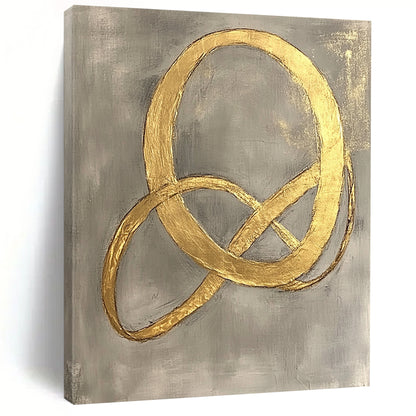 Contemporary hand-painted abstract art features intertwined shapes with elegant curves and delicate gold foil on a light gray background. DLZ1577