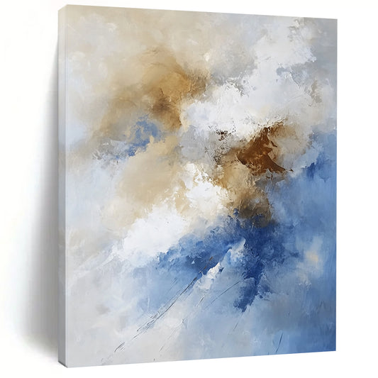 Large contemporary hand-painted abstract artwork featuring fluid lines and soft edges with tranquil beige and brown clouds creating an ethereal atmosphere. DLZ0325