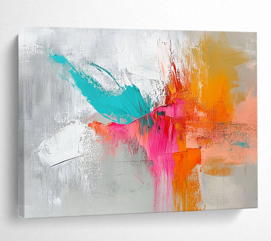 “Vibrant Color Clash” - Gray, teal, pink, orange; Dynamic abstract color strokes; Impasto Acrylic Painting On Canvas HB1206
