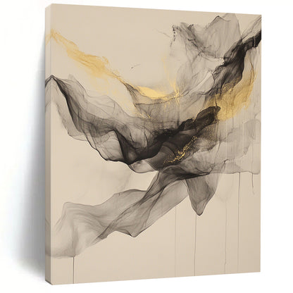 Beige, Gray, Gold, Flowing Shapes "Golden Veil" Abstract Painting On Canvas HB027