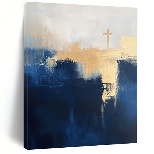 Contemporary abstract painting featuring navy blue and light beige tones with large brush strokes and a minimalist cityscape design emphasizing depth and negative space. DLZ0714
