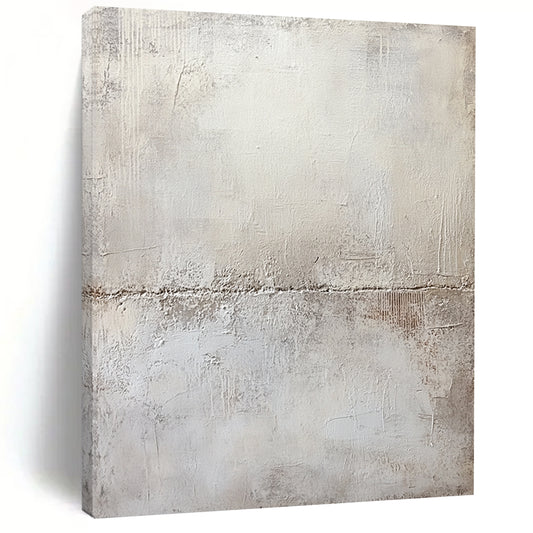 Large contemporary hand-painted abstract artwork featuring a textured white plaster wall with subtle gray tones and mysterious organic shapes in pale cream and beige. DLZ0583