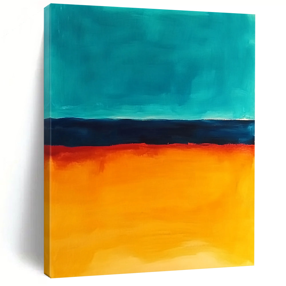 Contemporary abstract painting features vibrant orange and teal hues capturing the ocean at sunset in a captivating visual experience. DLZ1386