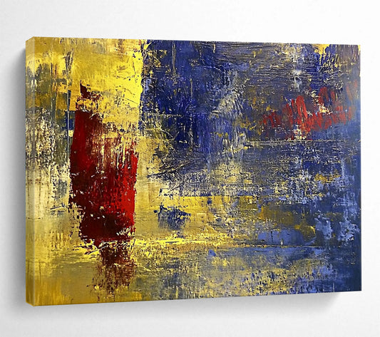 “Golden Blue Abstract” - Gold, Blue, Red, Textured Abstract Shapes Painting On Canvas HB0947