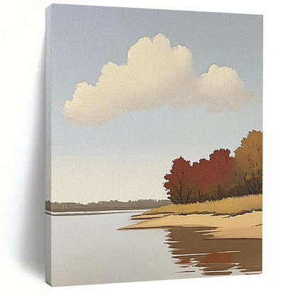 Contemporary hand-painted abstract art featuring a serene river, autumn trees, and light colors on a large canvas, showcasing clear brush strokes and minimalism. DLZ1098
