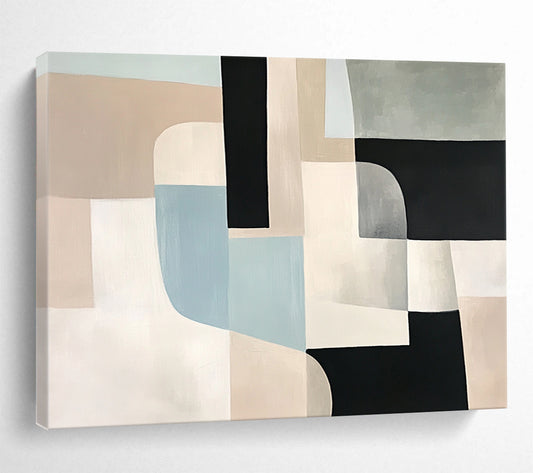 “Neutral Geometric Abstract” - Beige, Black, Blue, Gray, Geometric Forms - Painting On Canvas HB1425