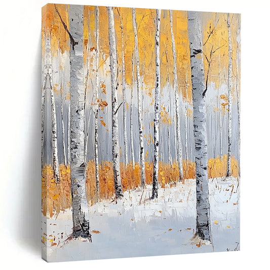 Large contemporary hand-painted abstract artwork featuring birch trees in light gray and amber, evoking tranquility with autumn foliage and snow. DLZ1103