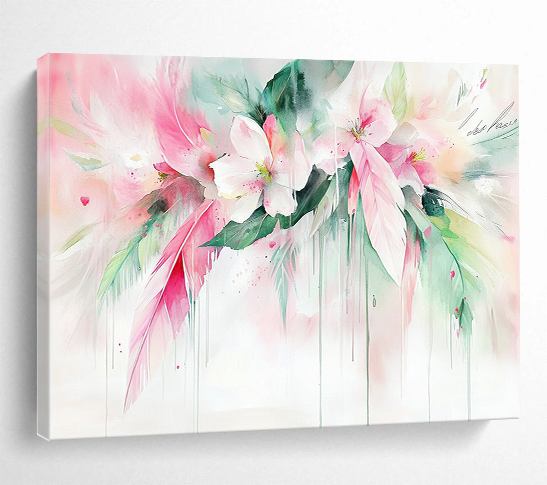 “Dreamy Floral Watercolor with Feathers” - Pink, White, Green, Softly Flowing Flowers and Feathers - Watercolor Painting HB1773