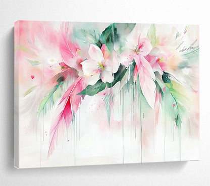 “Dreamy Floral Watercolor with Feathers” - Pink, White, Green, Softly Flowing Flowers and Feathers - Watercolor Painting HB1773