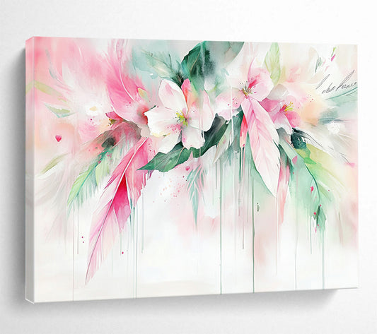 “Dreamy Floral Watercolor with Feathers” - Pink, White, Green, Softly Flowing Flowers and Feathers - Watercolor Painting HB1773