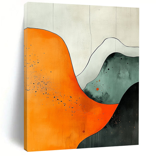 Contemporary hand-painted abstract art featuring orange white grey and black shapes with watercolor splashes on canvas texture in UHD quality. DLZ0803