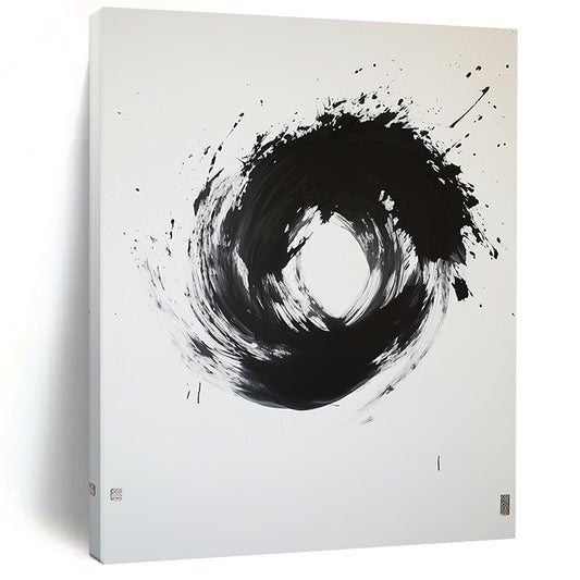 Black and White Splattered Circle "Energetic Enso" Painting On Canvas HB272