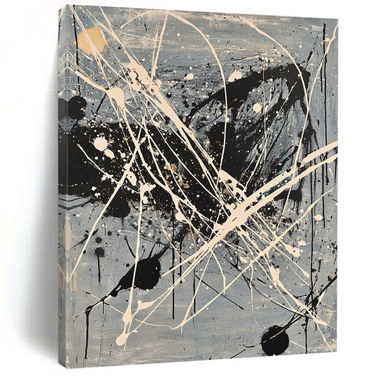 Gray, Black, White, Gold, Splattered Lines "Celestial Web" Abstract Pollock - Inspired Painting On Canvas HB052