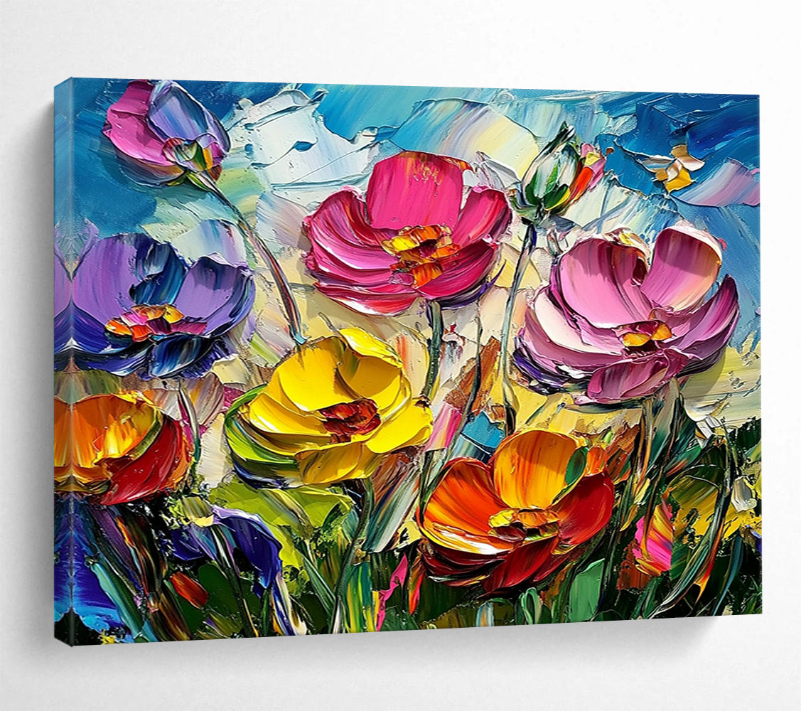 “Textured Colorful Poppy Field” - Pink, Purple, Yellow, Orange, Textured Poppy Blooms - Impasto Acrylic Painting HB1641