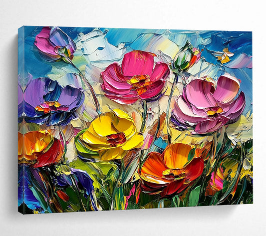 “Textured Colorful Poppy Field” - Pink, Purple, Yellow, Orange, Textured Poppy Blooms - Impasto Acrylic Painting HB1641
