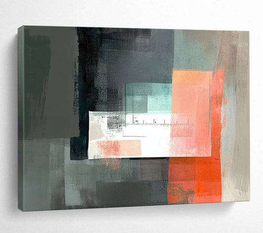 “Abstract Geometric with Ruler” - Gray, Coral, Teal, Geometric Shapes with Ruler Painting On Canvas HB0861