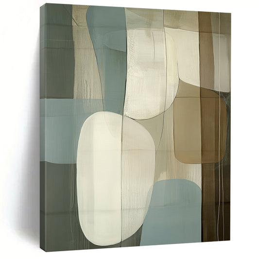 Large contemporary hand-painted abstract artwork featuring light blue beige and white shapes on a dark gray background with striking depth. DLZ1299