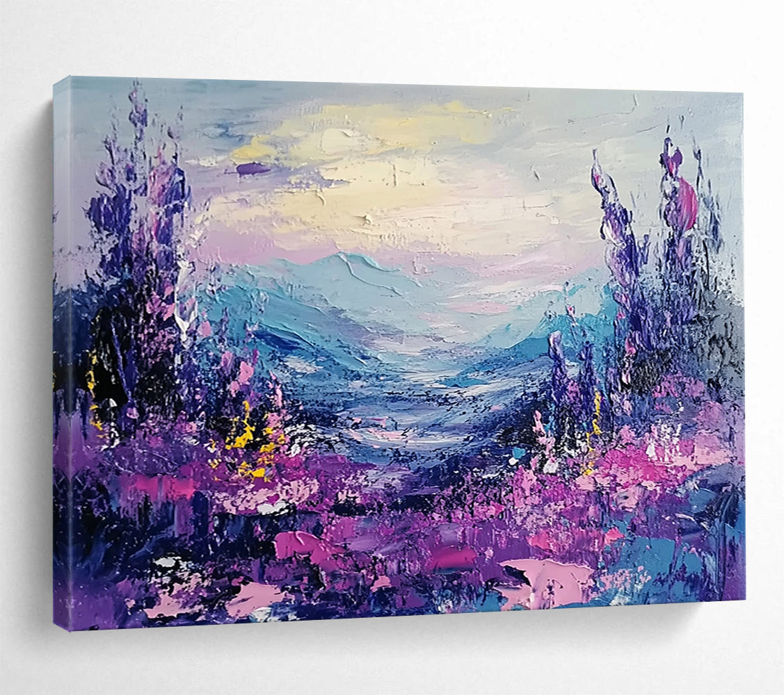 “Vibrant Purple Valley” - Lush Purples, Pinks, and Blues, Textured Mountain Valley with Floral Details Painting On Canvas HB0908