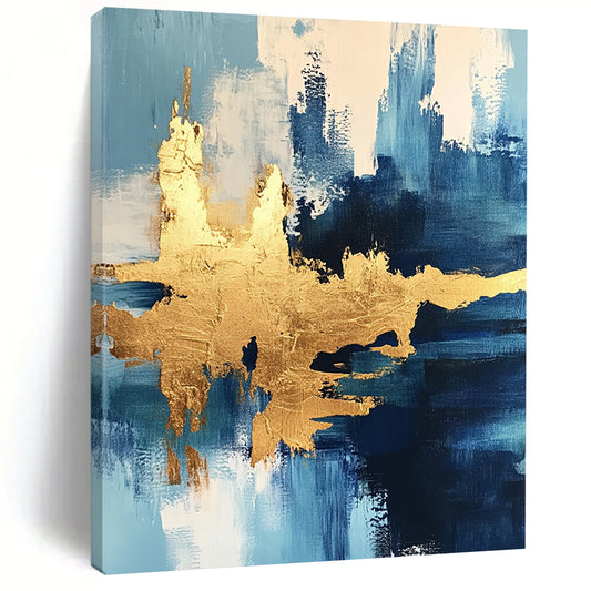Contemporary abstract painting featuring ocean themes and textured gold foil accents for a luxurious artistic expression. DLZ0343