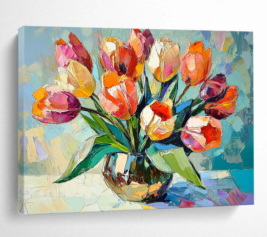 “Colorful Tulip Vase” - Vivid Oranges, Pinks, Purples, Lively Tulip Arrangement - Cubist - Inspired Oil Painting HB1723