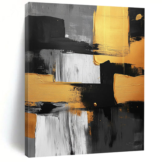 Contemporary abstract artwork featuring black white and yellow brush strokes with gold accents on a textured gray background and geometric shapes. DLZ1560