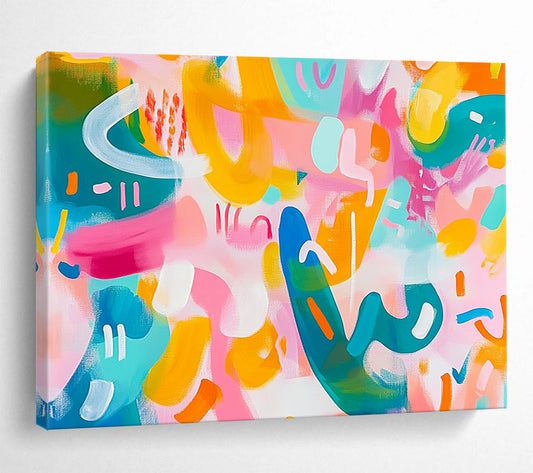 “Pastel Playful Abstract” - Pink, Yellow, Teal, Curved Shapes - Contemporary Acrylic Painting HB1522