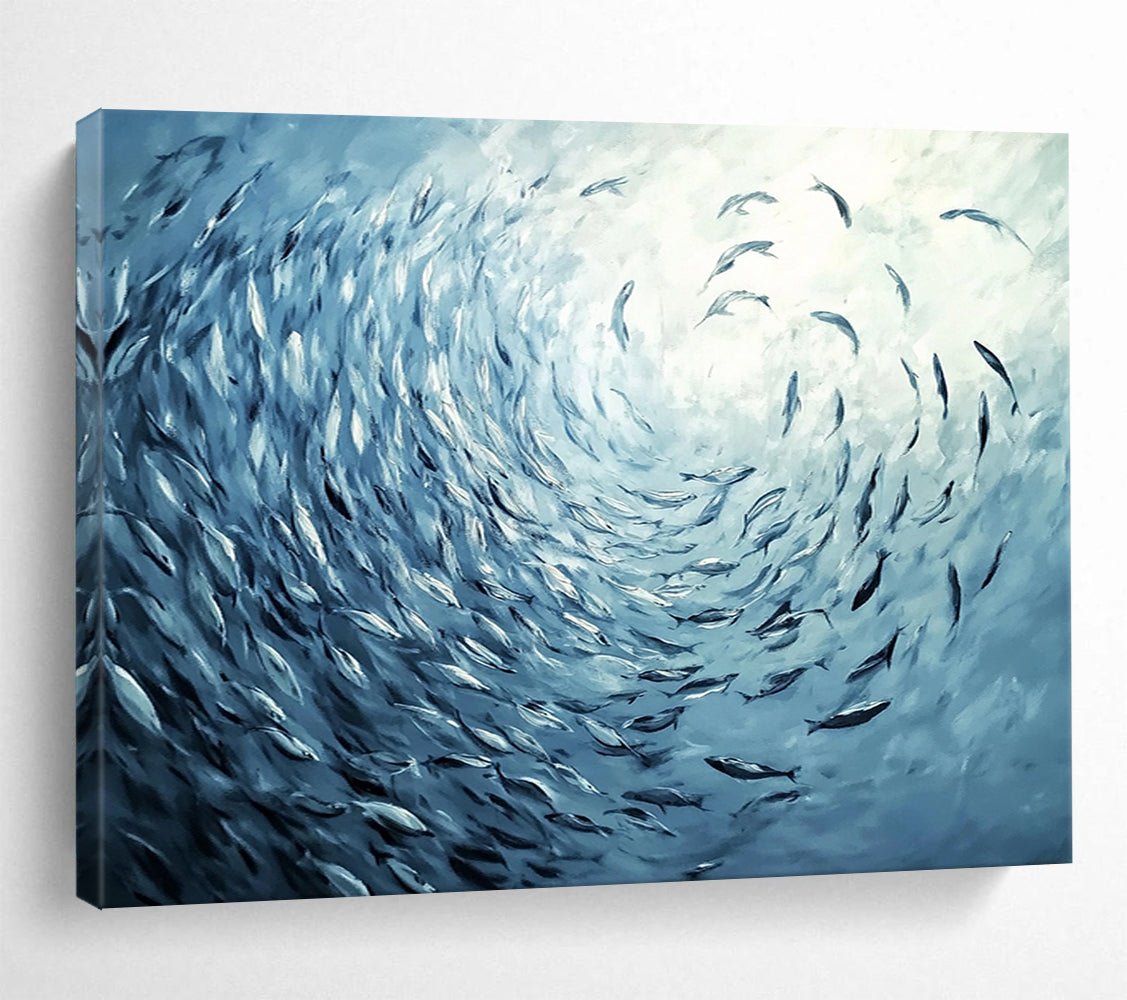 “Blue School of Fish Vortex” - Blue, Fish, Vortex Painting On Canvas HB0756