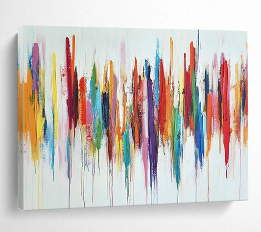 “Color Cascade” - Rainbow - like reds, oranges, yellows, greens, blues, purples; Vertical, dripping color strokes; Abstract Expressionist Painting On Canvas HB1153