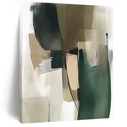 Contemporary abstract painting showcasing a green and beige palette with thick brush strokes and minimalistic shapes in a modernist style. DLZ0535