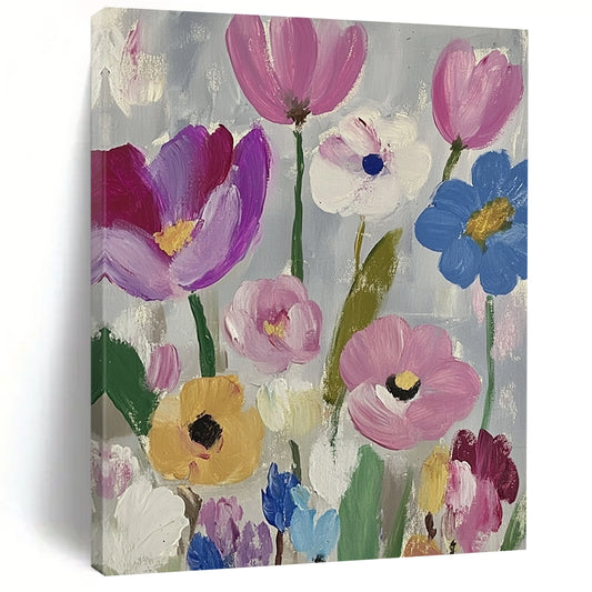 Large contemporary abstract painting featuring vibrant daisies and tulips in pink purple blue green and yellow against a soft gray backdrop with visible brush strokes. DLZ1262