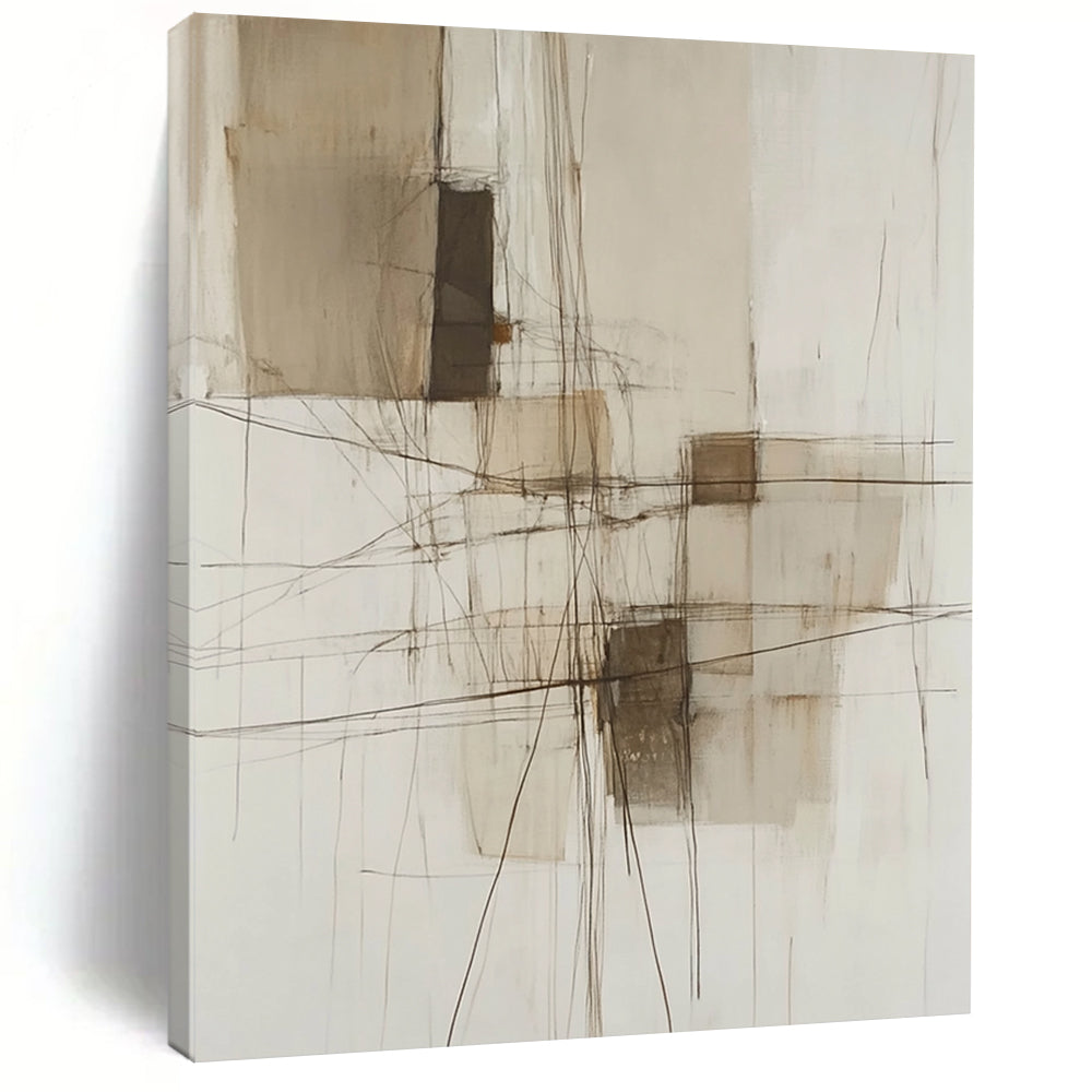 Contemporary abstract painting features neutral tones and soft lines with a wire structure and textures, enhancing its modern aesthetic. DLZ1047
