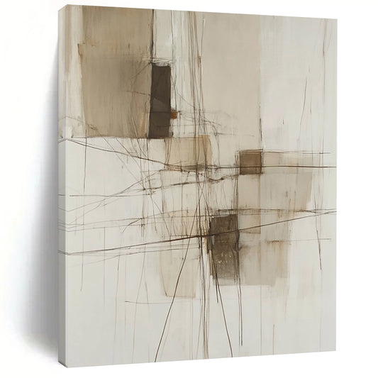 Contemporary abstract painting features neutral tones and soft lines with a wire structure and textures, enhancing its modern aesthetic. DLZ1047
